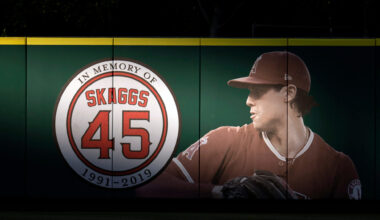 FILE - An image and logo memorializing former Los Angeles Angels pitcher Tyler Skaggs is displayed ...