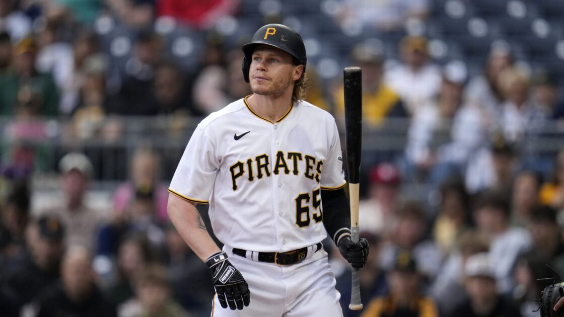 Pittsburgh Pirates' Jack Suwinski bats during the first inning of a baseball game against the Arizona Diamondbacks in Pittsburgh, Saturday, May 20, 2023. (AP Photo/Gene J. Puskar)