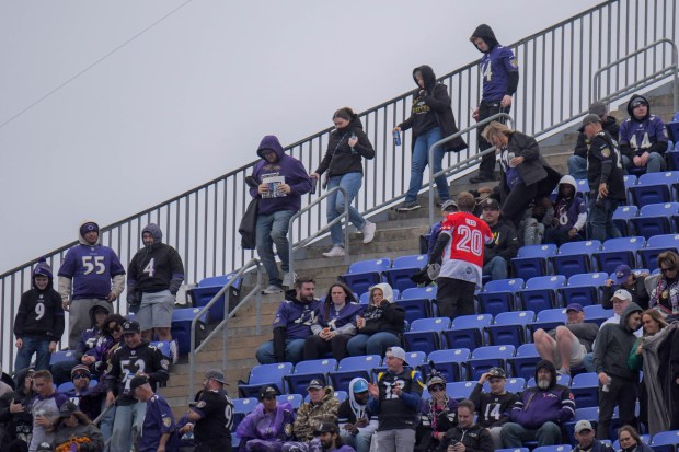 Baltimore Ravens fans head down to the exits as the Los Angeles Rams continue to dominate during the fourth quarter in Baltimore. The Ravens dropped to 1-5 with a 17-3 loss. (Karl Merton Ferron/Staff)