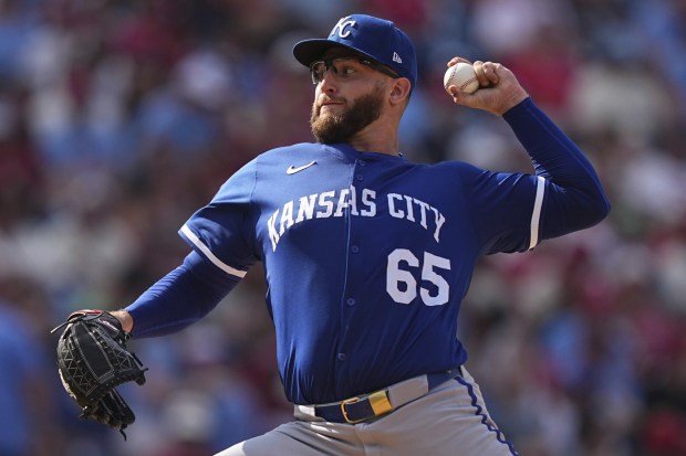 Royals pitcher Noah Cameron throws during the seventh inning against the Phillies, Sunday, Sept. 14, 2025, in Philadelphia. Cameron shut down the Phillies on Sunday, going seven innings and allowing just two runs on four hits. (AP Photo/Matt Rourke)
