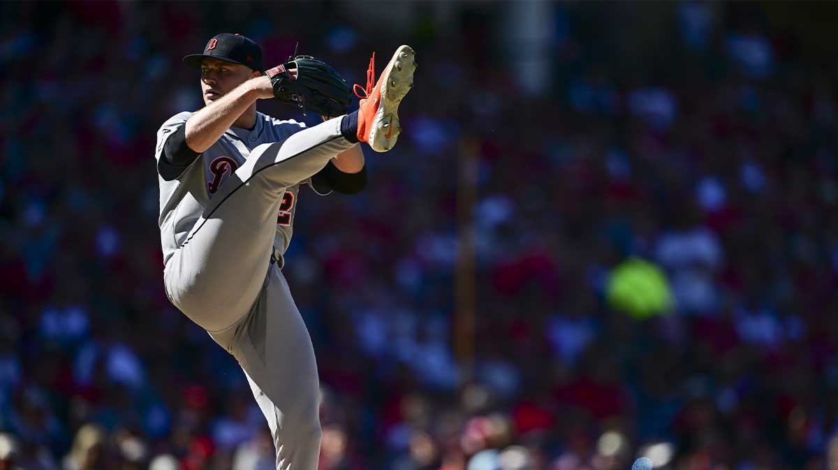 Detroit Tigers pitcher Tarik Skubal (29) delivers against the Cleveland Guardians in the fifth inning during game one of the Wildcard round for the 2025 MLB playoffs at Progressive Field. 