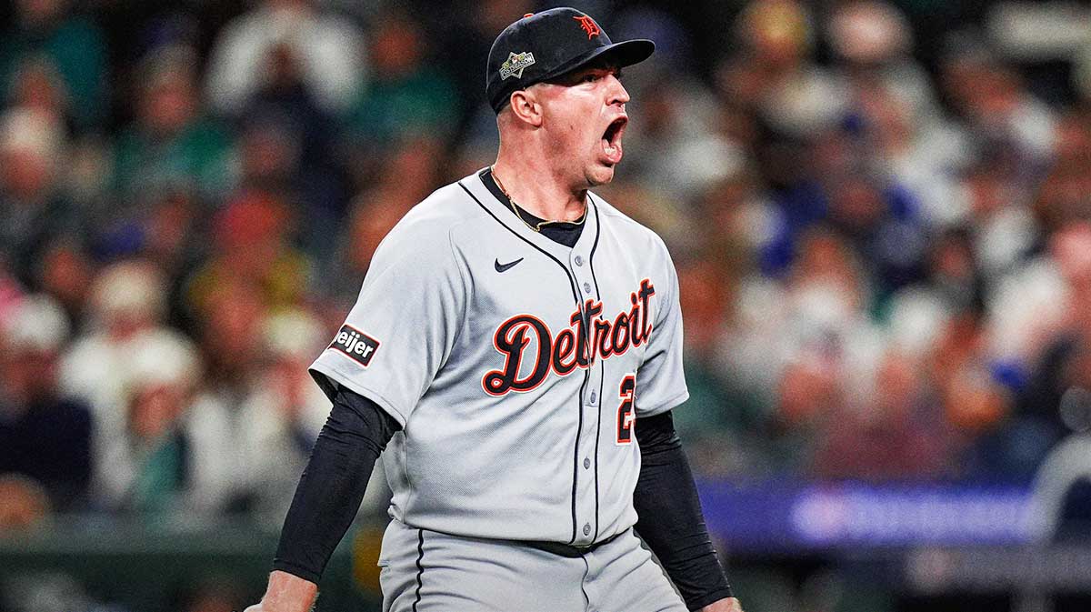 Tigers pitcher Tarik Skubal celebrates striking out Mariners catcher Cal Raleigh in the sixth inning of ALDS Game 5 at T-Mobile Park in Seattle