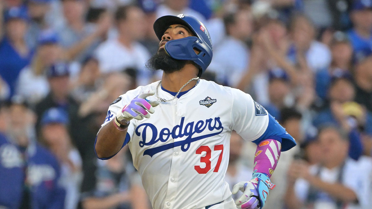 Los Angeles Dodgers right fielder Teoscar Hernandez (37) hits a solo home run against the Toronto Blue Jays in the second inning during game three of the 2025 MLB World Series at Dodger Stadium.