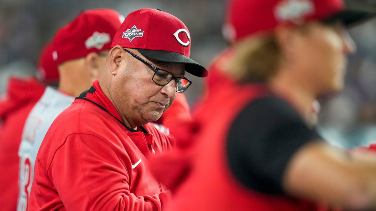 Cincinnati Reds manager Terry Francona stands in the dugout in the fourth inning of the MLB National League Wild Card Game 2 between the Los Angeles Dodgers and the Cincinnati Reds at Dodger Stadium in Los Angeles on Wednesday, Oct. 1, 2025. The Reds were eliminated from the postseason with an 8-4 loss to the reining World Series Champions La Dodgers