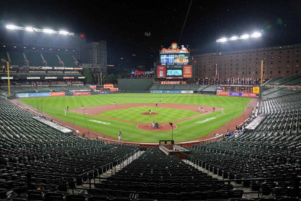The Baltimore Orioles continue to play against the Colorado Rockies as fans are cleared from the lower bowl due to reports of lightning during a game at Oriole Park at Camden Yards in Baltimore, Md. on Friday, July 25, 2025.