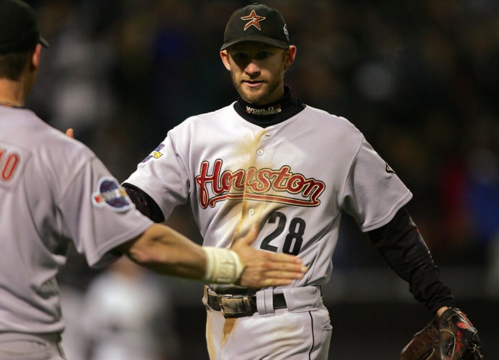 Houston Astros shortstop (28) Adam Everett is congratulated by teammate (7) Craig Biggio(not pictured) after turning a double play in the 5th inning during game 1 of the World Series against the Chicago White Sox at US Cellular Field in Chicago, IL.