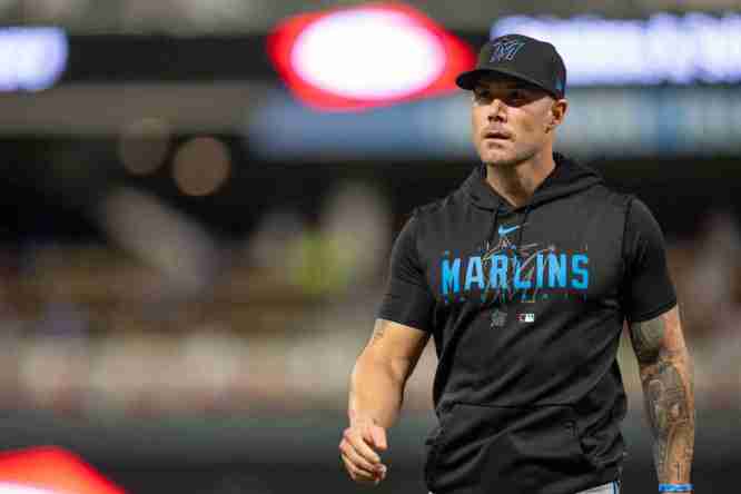 Sep 26, 2024; Minneapolis, Minnesota, USA; Miami Marlins manager Skip Schumaker (45) walks back to the dugout in the seventh inning at Target Field. Mandatory Credit: Matt Blewett-Imagn Images