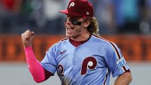 Sep 25, 2025; Philadelphia, Pennsylvania, USA; Philadelphia Phillies outfielder Harrison Bader (2) reacts as he runs off the field after a victory against the Miami Marlins at Citizens Bank Park. Mandatory Credit: Bill Streicher-Imagn Images