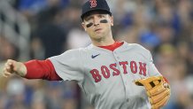 Sep 25, 2025; Toronto, Ontario, CAN; Boston Red Sox third baseman Alex Bregman (2) throws out Toronto Blue Jays catcher Tyler Heineman (not pictured) at first base during the third inning at Rogers Centre. Mandatory Credit: John E. Sokolowski-Imagn Images
