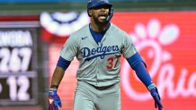 Oct 4, 2025; Philadelphia, Pennsylvania, USA; Los Angeles Dodgers right fielder Teoscar Hernndez (37) reacts after hitting a three-run home run during the seventh inning against the Philadelphia Phillies during game one of the NLDS round for the 2025 MLB playoffs at Citizens Bank Park. Mandatory Credit: Eric Hartline-Imagn Images