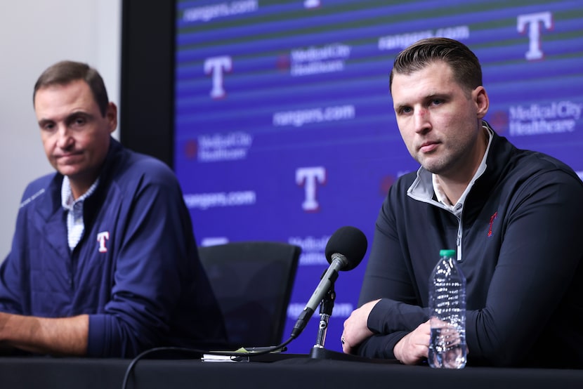 Texas Rangers president of baseball, Chris Young (left) and general manager Ross...