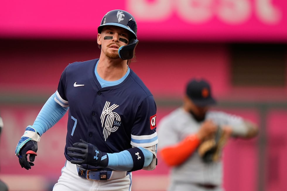 FILE - Kansas City Royals' Bobby Witt Jr. runs the bases after hitting a solo home run during...