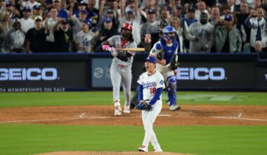 Los Angeles Dodgers pitcher Yoshinobu Yamamoto reacts after striking out Cincinnati Reds' Elly De La Cruz during the sixth inning in Game 2 of the National League Wild Card baseball playoff series Wednesday, Oct. 1, 2025, in Los Angeles. (AP Photo/Mark J. Terrill)