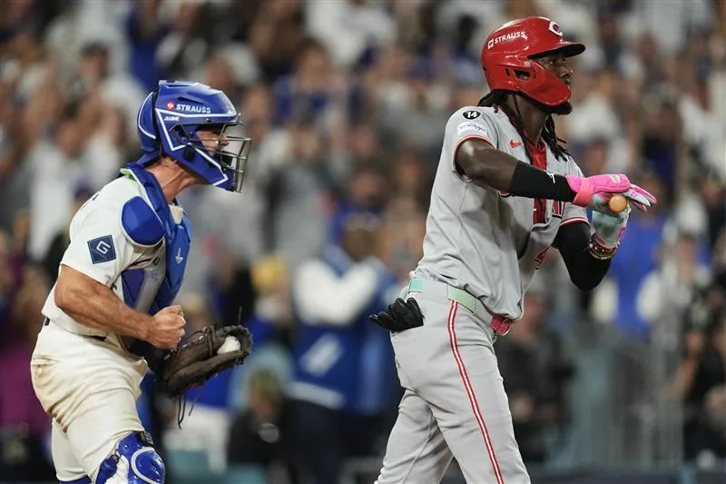 Cincinnati Reds shortstop Elly De La Cruz after striking out in the sixth inning against the Dodgers in a National League wild card series game at Los Angeles on Oct. 1.