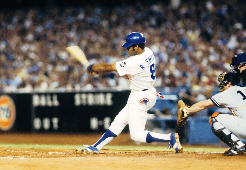 Oct 1978; Los Angeles, CA, USA; FILE PHOTO; Los Angeles Dodgers right fielder Reggie Smith (8) in action against the New York Yankees during the 1978 World Series at Dodger Stadium. New York defeated Los Angeles in six games to win the World Series. Mandatory Credit: Dick Raphael-USA TODAY Sports