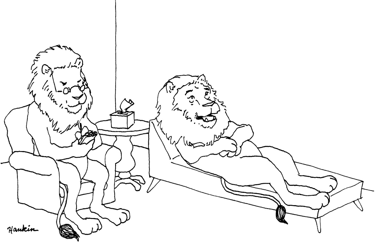 Lion talks to lion therapist about not meeting his parents expectations.