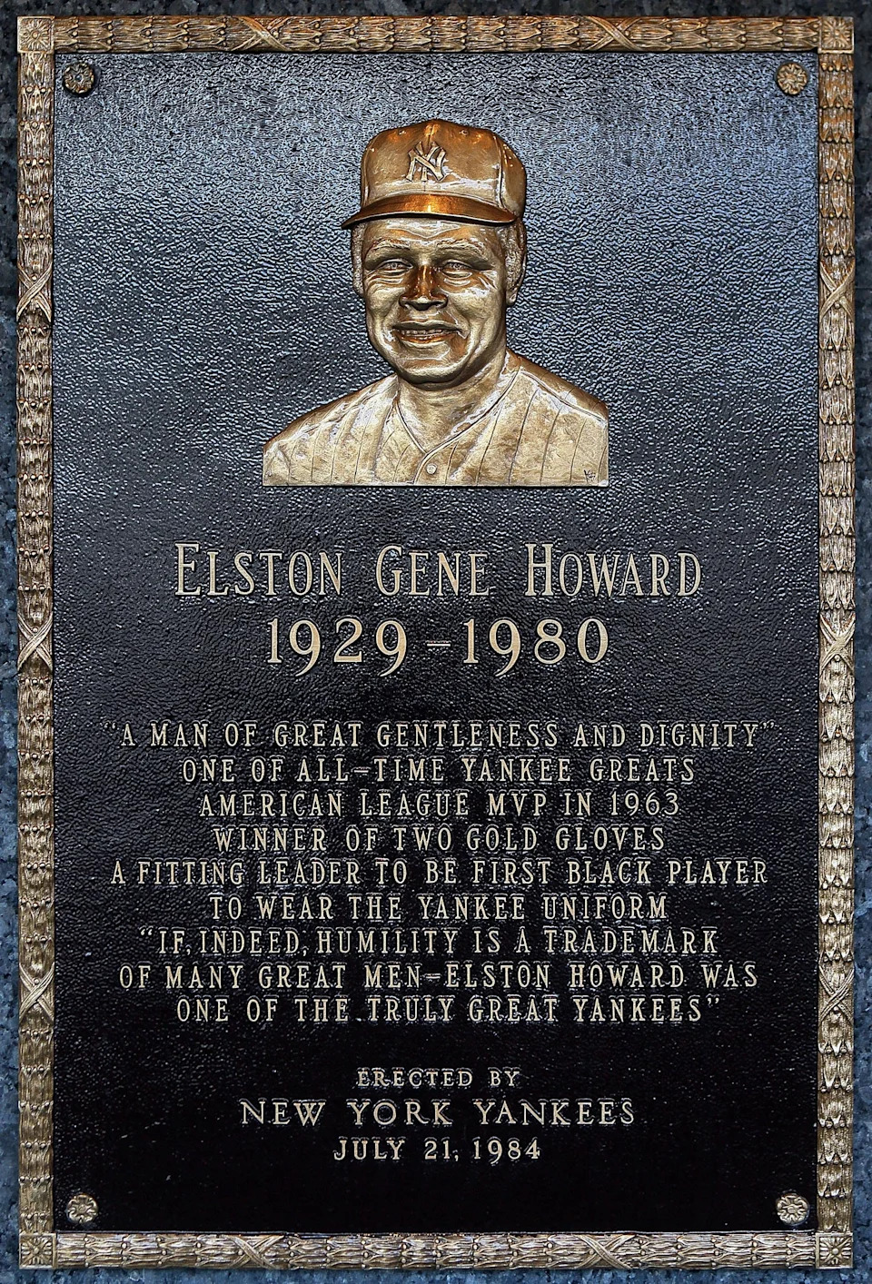 The plaque of Elston Howard is seen in Monument Park at Yankee Stadium.