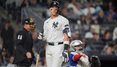 New York Yankees' Aaron Judge reacts after lining out against the Toronto Blue Jays. (AP Photo/Frank Franklin II)