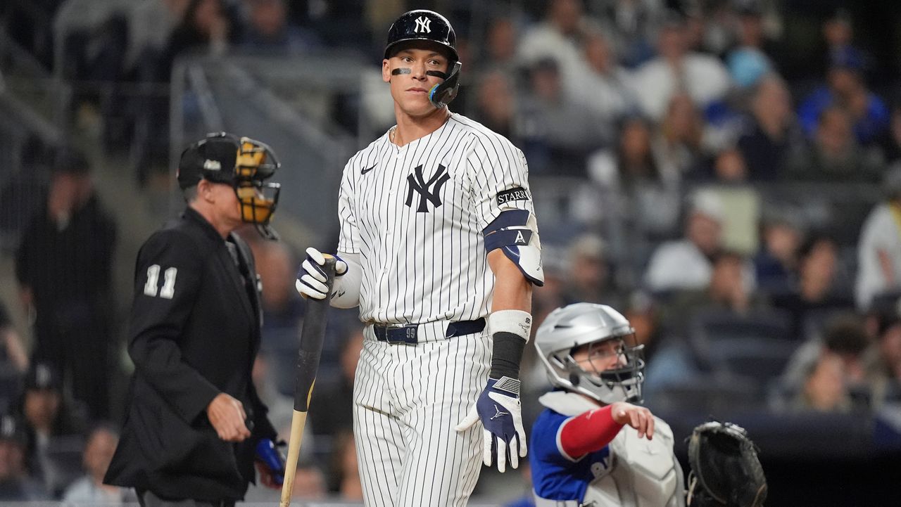 New York Yankees' Aaron Judge reacts after lining out against the Toronto Blue Jays. (AP Photo/Frank Franklin II)