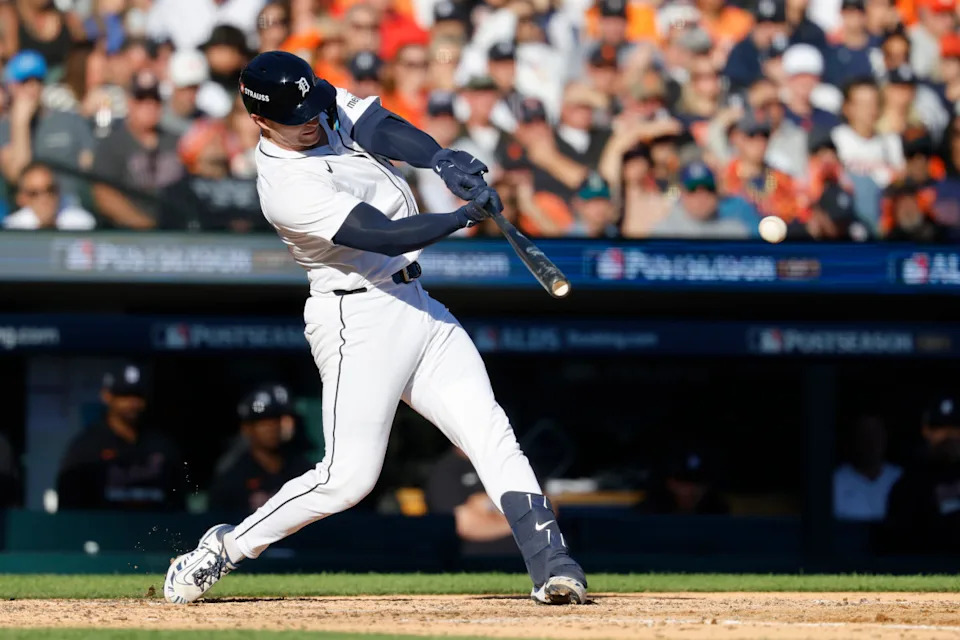 Oct 8, 2025; Detroit, Michigan, USA; Detroit Tigers catcher Dillon Dingler (13) hits an RBI single in the fifth inning against the Seattle Mariners during game four of the ALDS round for the 2025 MLB playoffs at Comerica Park. Mandatory Credit: Rick Osentoski-Imagn Images