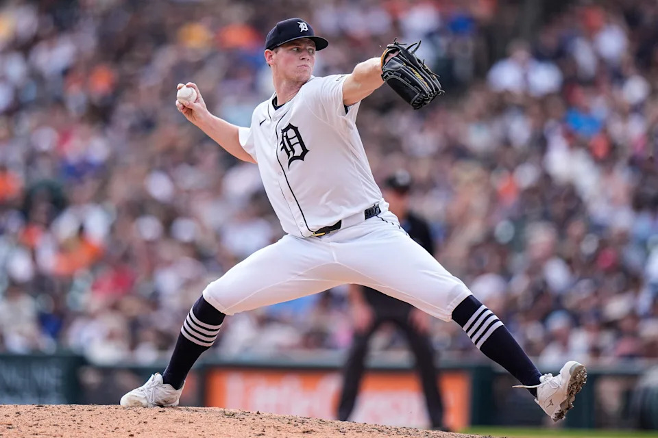 Detroit Tigers pitcher Troy Melton (52) delivers a pitch against Cleveland Guardians during the seventh inning at Comerica Park in Detroit on Thursday, Sept. 18, 2025.