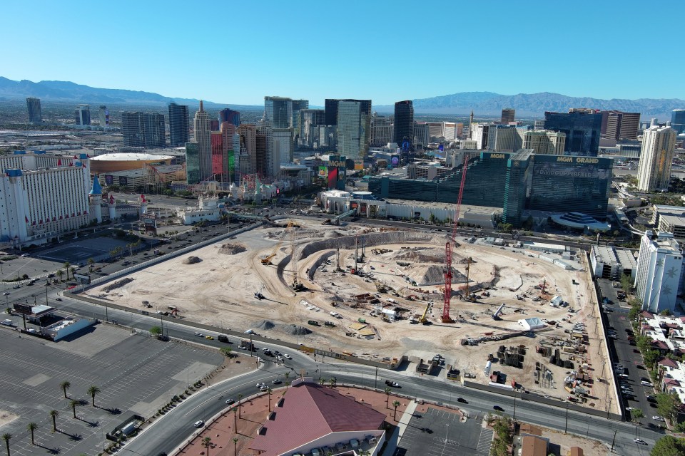An aerial view of the construction site of New Las Vegas Stadium, the future home of the Athletics baseball team, on the site of the former Tropicana Hotel on the Las Vegas Strip, on July 24, 2025 in Paradise, Nevada.