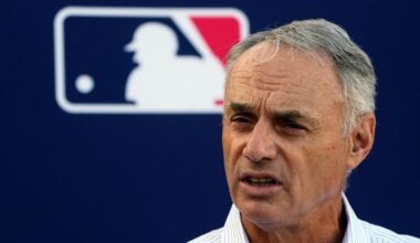 Major League Baseball Commissioner Rob Manfred speaks during a news conference after negotiations with the players' association toward a labor deal, Tuesday, March 1, 2022, at Roger Dean Stadium in Jupiter, Fla. MLB has canceled opening day, with Manfred announcing Tuesday the sport will lose regular-season games over a labor dispute for the first time in 27 years after acrimonious lockout talks collapsed in the hours before management’s deadline. (AP Photo/Wilfredo Lee)