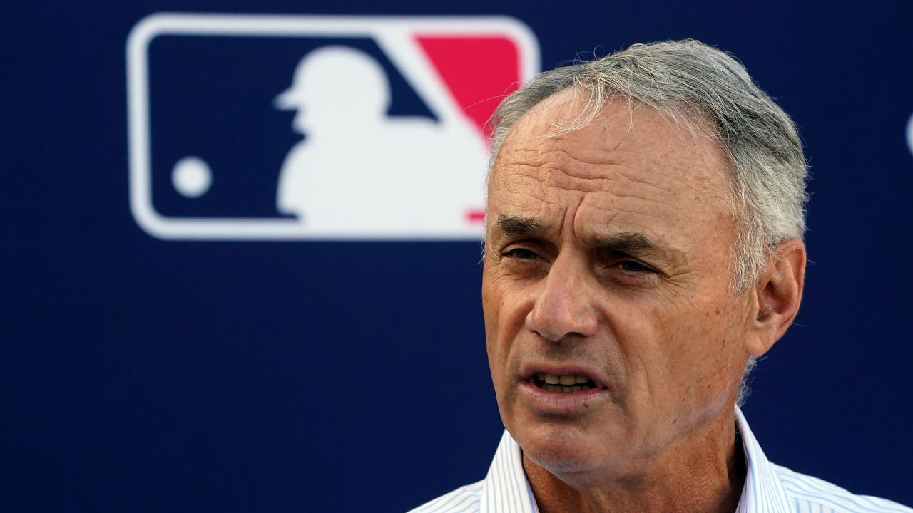 Major League Baseball Commissioner Rob Manfred speaks during a news conference after negotiations with the players' association toward a labor deal, Tuesday, March 1, 2022, at Roger Dean Stadium in Jupiter, Fla. MLB has canceled opening day, with Manfred announcing Tuesday the sport will lose regular-season games over a labor dispute for the first time in 27 years after acrimonious lockout talks collapsed in the hours before management’s deadline. (AP Photo/Wilfredo Lee)