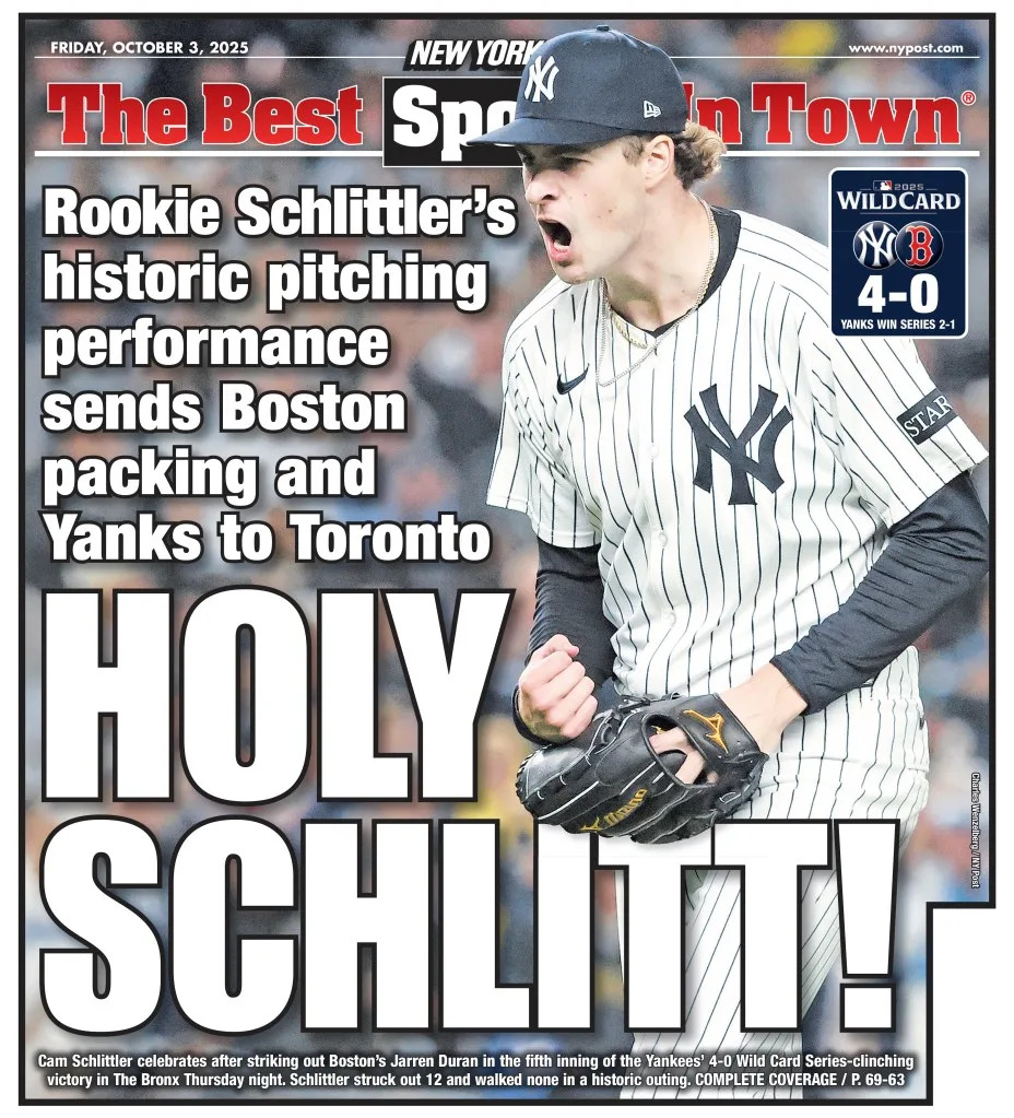 The New York Post back page for Friday, Oct. 3.