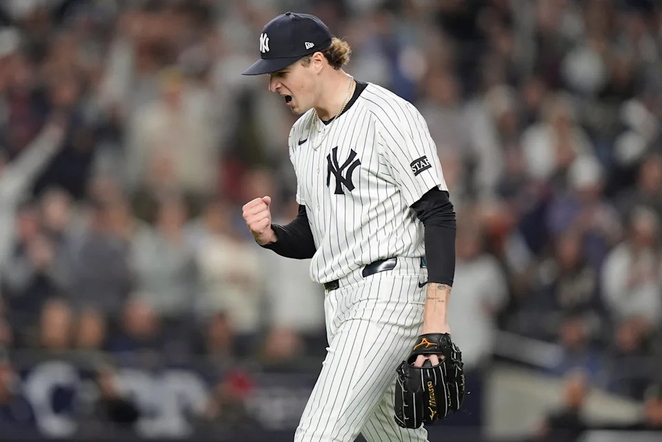 New York Yankees pitcher Cam Schlittler reacts as he walks off the field at the end of the top of the eighth inning of Game 3 of an American League wild-card baseball playoff series against the Boston Red Sox, Thursday, Oct. 2, 2025, in New York. (AP Photo/Frank Franklin II)
