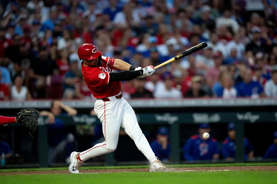 Reds first baseman Spencer Steer hits a fielder's choice grounder that scored Matt McLain from third base in the third inning. Steer later hit a solo home run, his 21st, in the fifth inning.