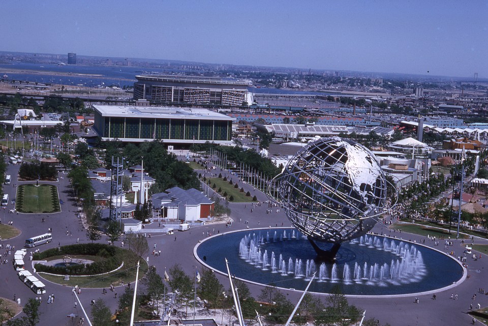 Bird's-eye view of the Unisphere, the United States Pavilion, and Shea Stadium, 1964 New York World's Fair
