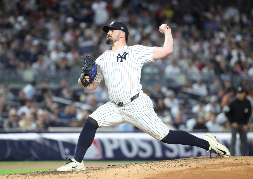 Carlos Rodon pitches during the Yankees-Red Sox game on Oct. 1, 2025. 