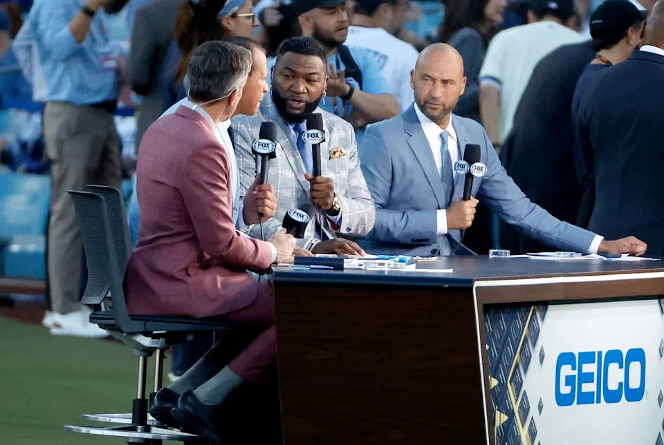 Yankees greats Alex Rodriguez and Derek Jeter along with Red Sox great David Ortiz and T.V. personality Kevin Burkhardt at 2024 World Series Game 2. Jason Szenes / New York Post