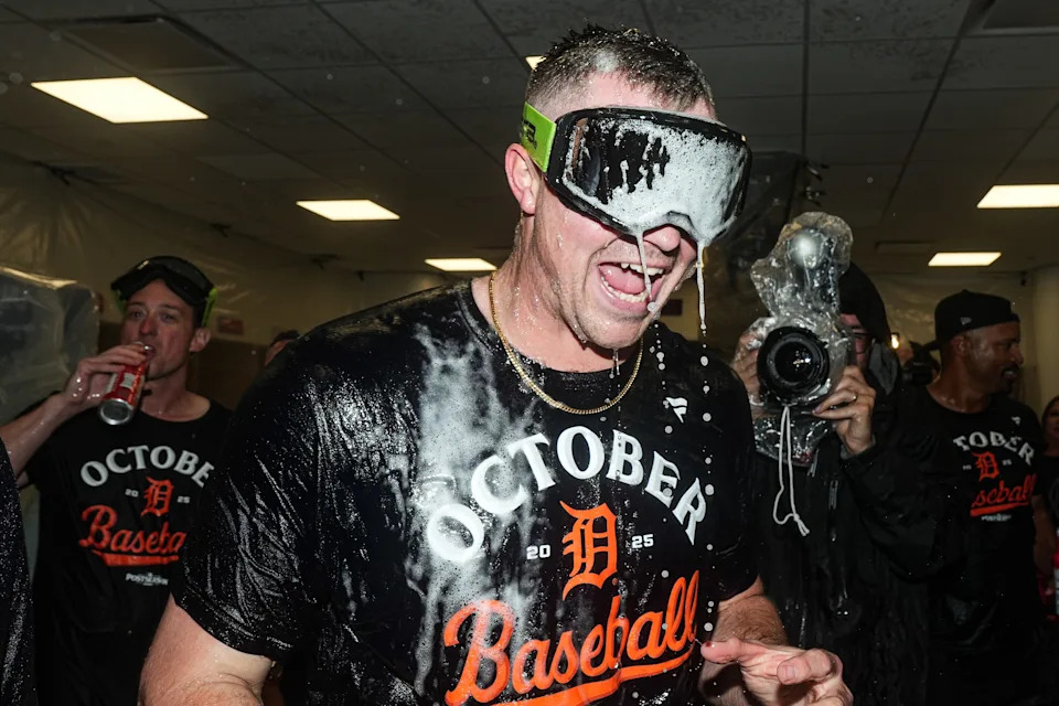 Detroit Tigers pitcher Tarik Skubal (29) celebrates with teammates after 6-3 win over Cleveland Guardians in Game 3 of AL wild-card series at Progressive Field in Cleveland on Thursday, Oct. 2, 2025.