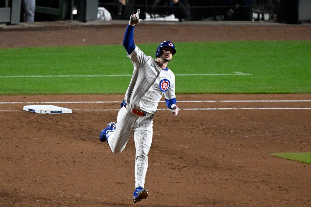 Chicago Cubs right fielder Kyle Tucker (30) reacts after hitting a home run against the Milwaukee Brewers during the seventh inning in game four of the NLDS round for the 2025 MLB playoffs at Wrigley Field. 