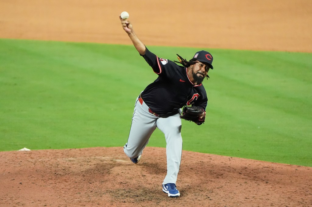 Cleveland Guardians relief pitcher Emmanuel Clase throws a baseball during a game.