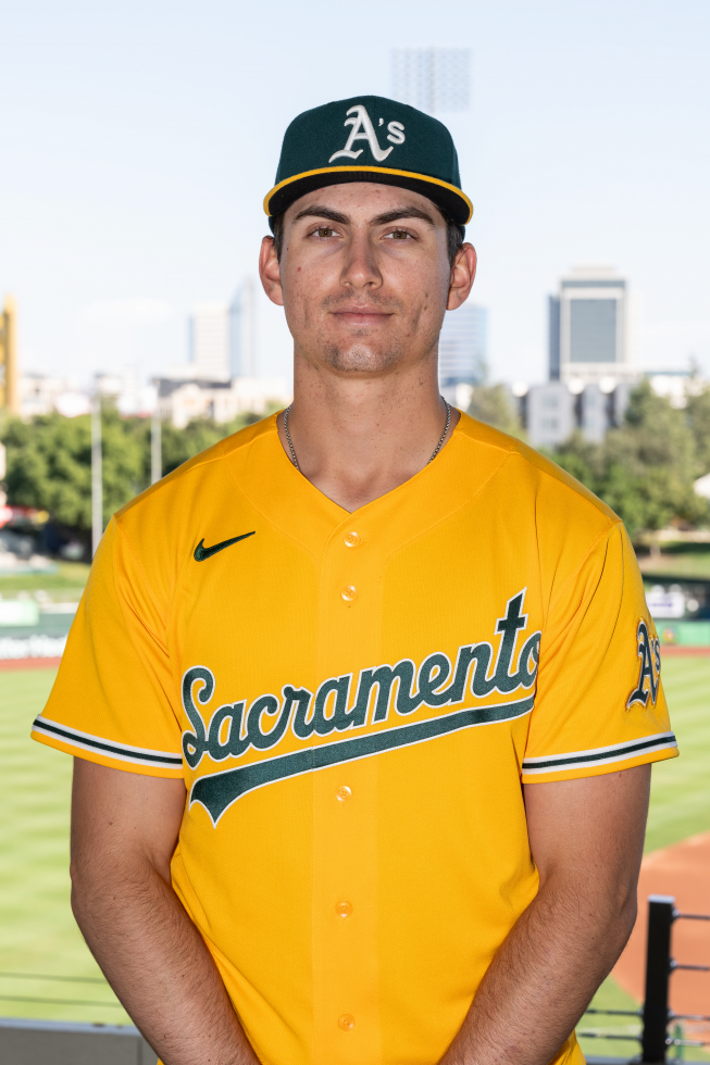 The A’s’ Tyler Soderstrom models the green and gold A’s shirt with Sacramento lettering the team will be wearing periodically throughout the 2026 season at Sutter Health Park. (Photo courtesy of the A’s)