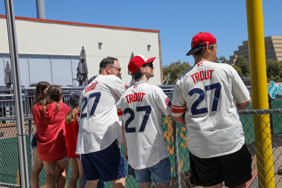 Fans of Mike Trout get ready as the Trout-led Los Angeles Angels prepare to take on the A’s at Sutter Health Park on Aug. 17.