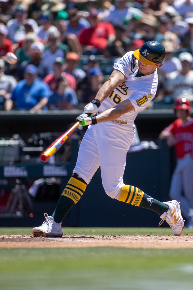 A’s rookie Nick Kurtz launches a home run Aug. 17 against the Angels, one of the 36 he hit in 2025.