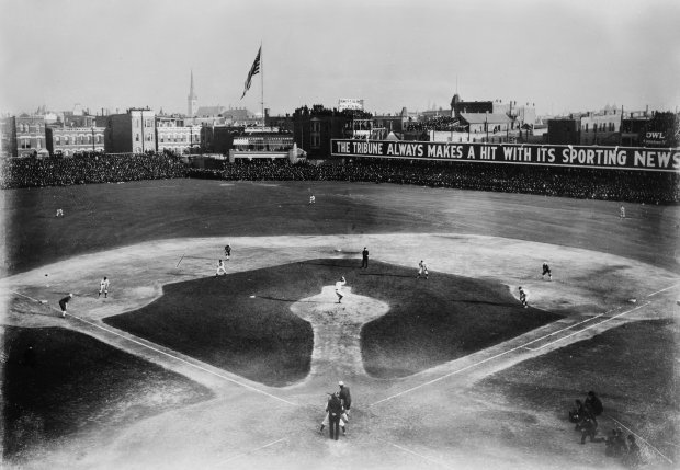 Cubs pitcher Jack Pfiester winds up during the key sixth inning of the third game of the 1906 World Series at the West Side Grounds. The Sox won 3-0. (Chicago History Museum)