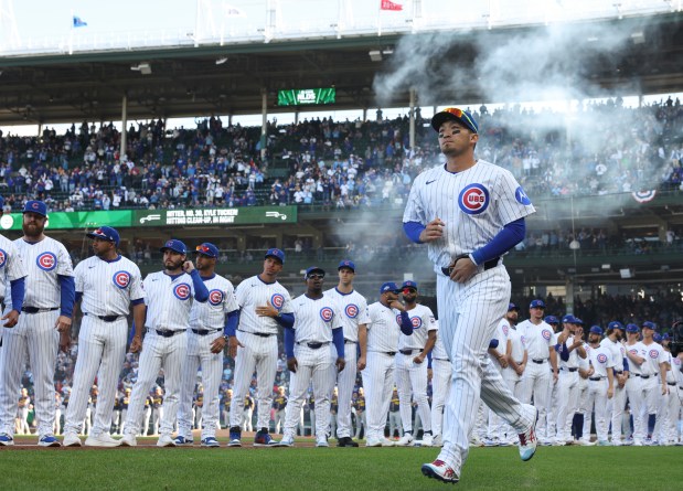 Cubs right fielder Seiya Suzuki is introduced for the NLDS Game 3 against the Brewers at Wrigley Field on Oct. 8, 2025, in Chicago. (John J. Kim/Chicago Tribune)