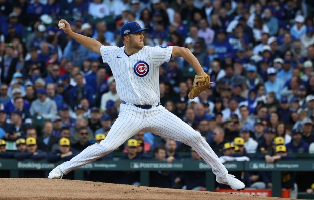 Cubs starting pitcher Jameson Taillon throws against the Brewers in the first inning of the NLDS Game 3 at Wrigley Field on Oct. 8, 2025, in Chicago. (John J. Kim/Chicago Tribune)