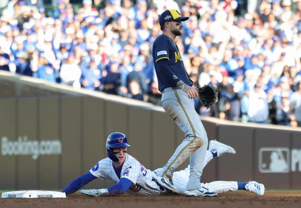 Cubs center fielder Pete Crow-Armstrong watches the plate while taking...