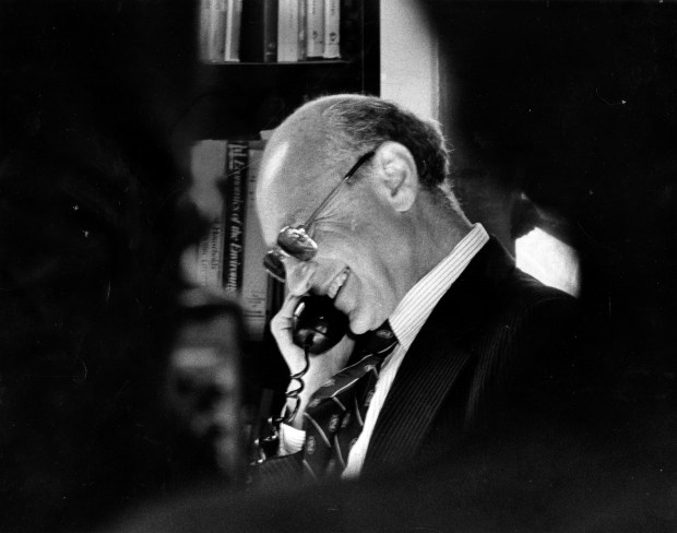 Milton Friedman, a University of Chicago economics professor, started Oct. 15, 1976, like any other day in his life. The day before he was named a Nobel Prize winner while he was a speaker in Michigan. When he returned, it was a day of honors and congratulations. He was constantly interrupted by phone calls, the glare of television lights, and accepted his good wishes of his friends across the country. (Hardy Wieting/Chicago Tribune)