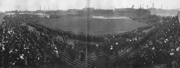 The last game of the World Championship Series between the White Sox and the Cubs is played on the American League Grounds on Oct. 14, 1906. (George R. Lawrence Co./Library of Congress)