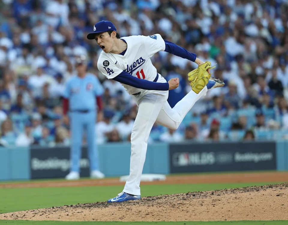 Dodgers pitcher Roki Sasaki delivers during the eighth inning of Game 4 of the NLDS against the Phillies.