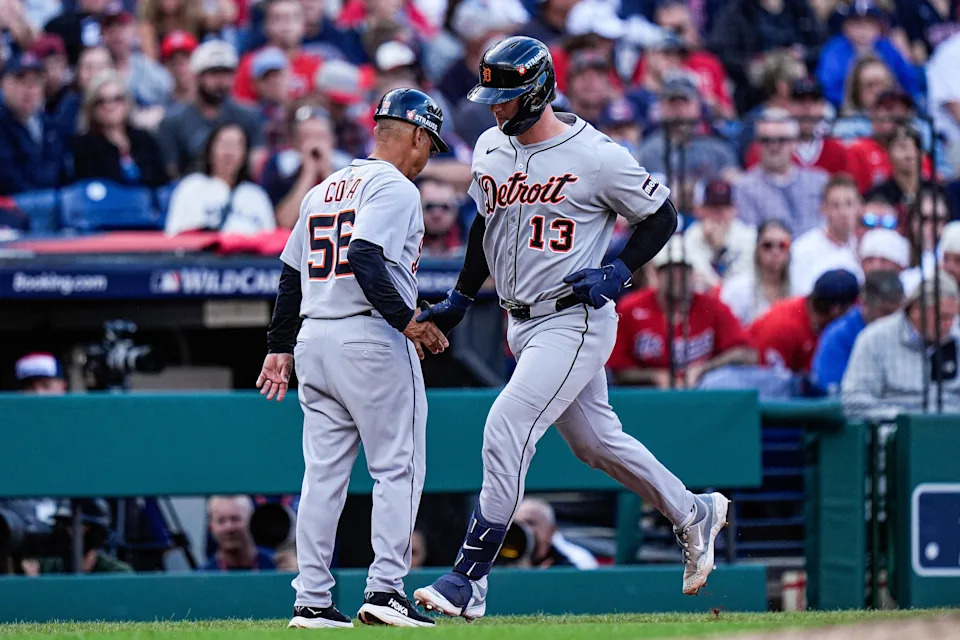 Detroit Tigers catcher Dillon Dingler (13) bats a solo home run against Cleveland Guardians during the sixth inning of Game 3 of AL wild-card series at Progressive Field in Cleveland on Thursday, Oct. 2, 2025.