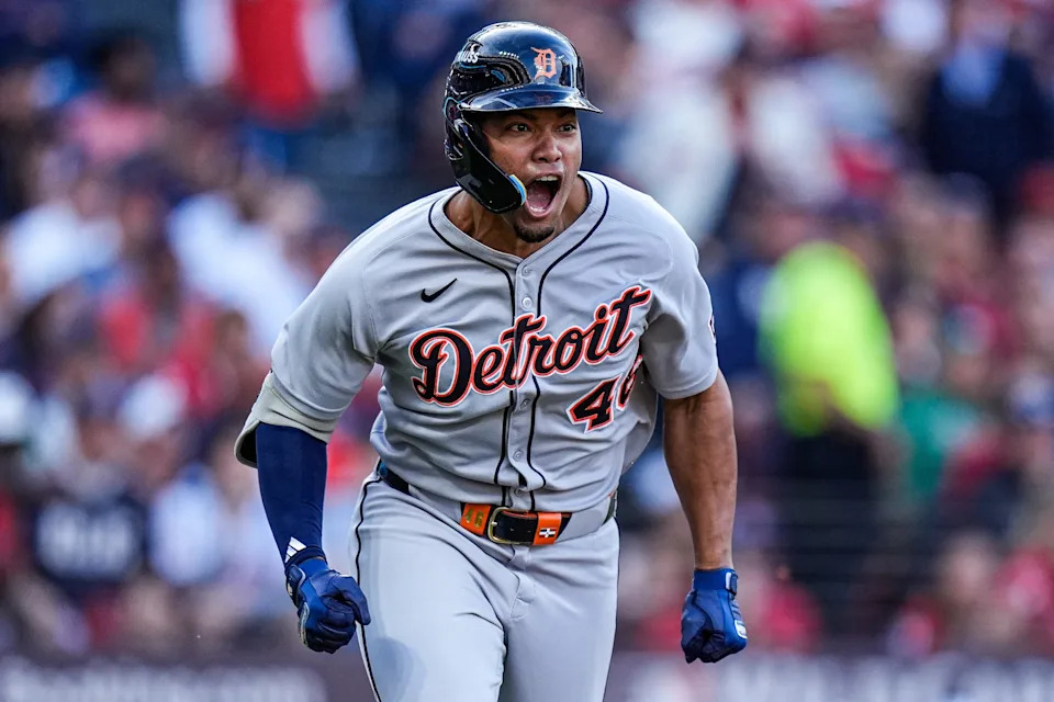 Detroit Tigers right fielder Wenceel Pérez (46) celebrates batting a 2-RBI single against Cleveland Guardians during the seventh inning of Game 3 of AL wild-card series at Progressive Field in Cleveland on Thursday, Oct. 2, 2025.