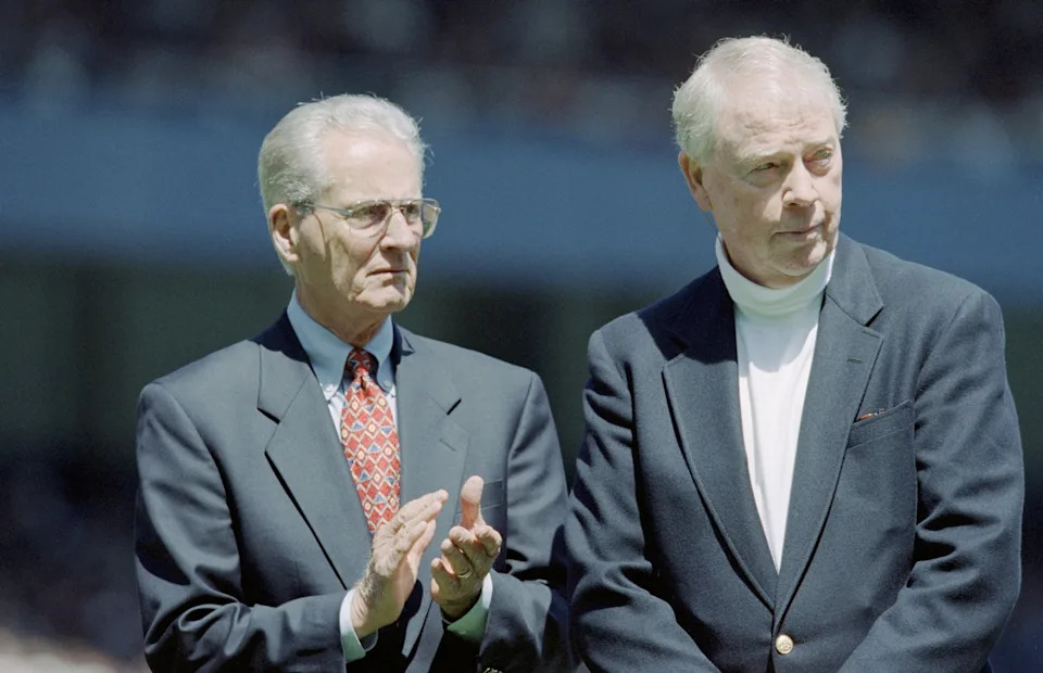 (L-R) Former New York Yankees Jerry Coleman and Gil McDougald look on prior to the game between the Toronto Blue Jays and the New York Yankees on Joe DiMaggio Day.